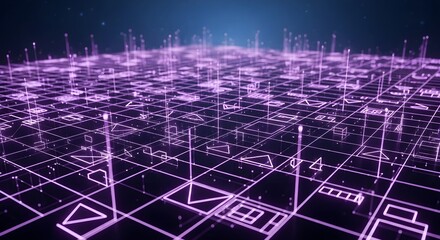 Abstract futuristic city grid with glowing lines and connected nodes symbolizing data and technology