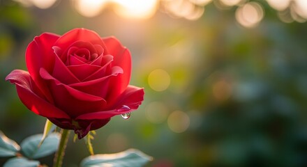 Romantic single red rose blooming in a garden, illuminated by soft golden sunlight creating a beautiful bokeh background