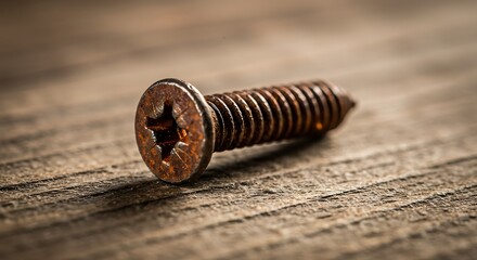 Close up of a rusty screw on a wooden surface detailed macro shot