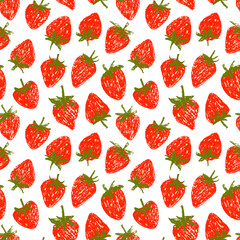 Red crayon drawn strawberries seamless pattern. Childish funky wrapping paper.