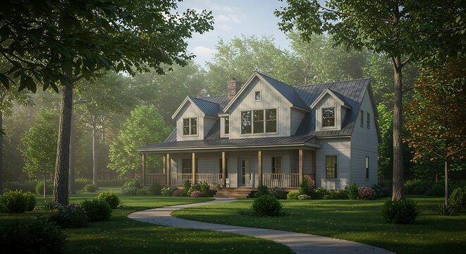 Residential home in nature surrounded by trees and a winding path