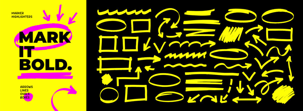 Yellow marker highlight set. Underlines, emphasis elements and arrows for hand drawn notes and text design. Vector bold marker strokes, ovals and rectangle frames. Hand drawn highlighters.