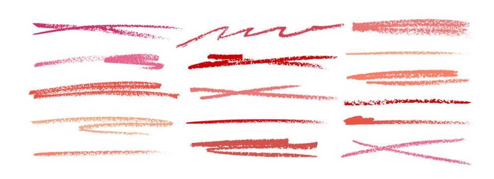 Crayon drawn lipstick colored strikethroughs and underlines for text design. Doodle vector straight strokes for hand drawn beauty industry design. Red and pink highlighters and underlines.