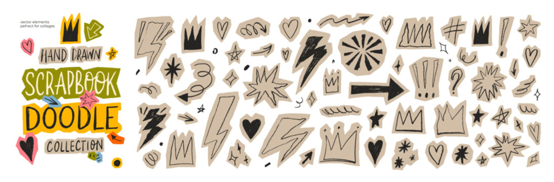 rayon drawn scrapbook doodle collection. Hand drawn scribbles for collages. Crayon drawn lightnings, crowns, stars and arrows. Rock and roll punk stickers for scrapbook design collages.