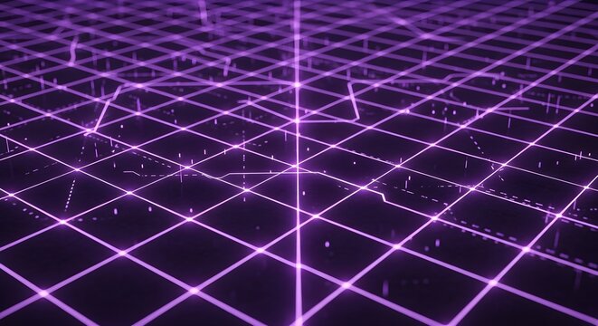 Glowing purple neon grid forms an abstract digital landscape, representing the infinite horizon of cyberspace and future technology