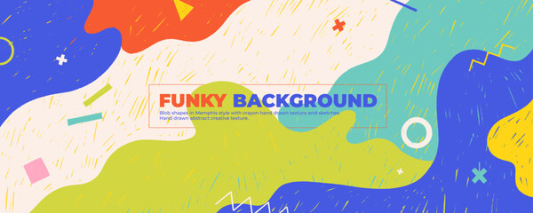 Memphis Playground Pattern with Pastel Chalk Texture and Fun Geometric Shapes for a 90s Background. Funky aesthetic kid background with place for text. Colorful playful geometric shapes.