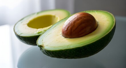 A fresh, ripe green avocado sliced in half, showcasing its large brown seed and creamy flesh on a reflective surface