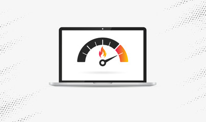 Vector design of a front-view computer with a speedometer on the screen showing maximum speed with a burning flame icon on a light background.