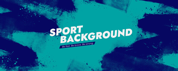 Fototapeta na wymiar Scratch frame halftone sport background. Urban grunge banner texture. Turquoise blue graphic design backdrop. Brush strokes with text place.