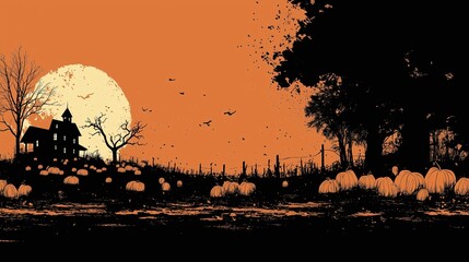 Dark Halloween backgrounds with haunted houses full moon and spooky trees silhouettes