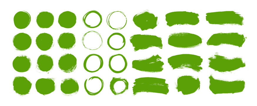 Various eco labels and organic brush drawn tags. Hand drawn grunge texture, green bold brush strokes and circle stamps. Bio product stickers, eco-friendly graphics, handmade round seals.