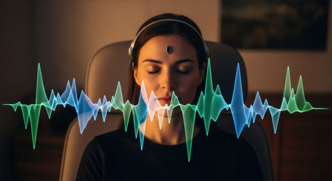 Woman with closed eyes and headset with graphic waves in the foreground