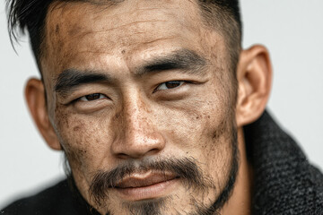 Obraz premium Close-up portrait of a rugged man with dirt on his face, intense gaze, and a quiet, moody expression. Subtle lighting highlights texture, pores, and emotional depth.