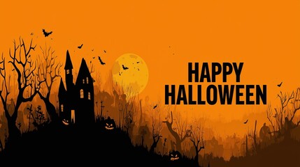 Halloween background illustrations with haunted houses bats pumpkins and full moon, with 'happy halloween' text