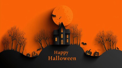Halloween background illustrations with haunted houses bats pumpkins and full moon, with 'happy halloween' text