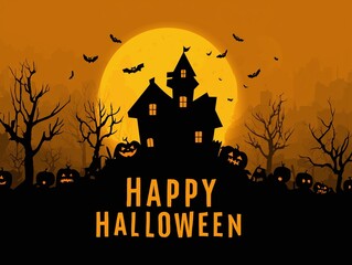 Halloween background illustrations with haunted houses bats pumpkins and full moon, with 'happy halloween' text
