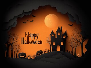 Halloween background illustrations with haunted houses bats pumpkins and full moon, with 'happy halloween' text