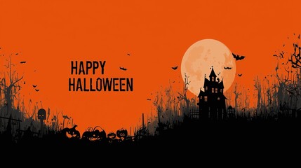 Halloween background illustrations with haunted houses bats pumpkins and full moon, with 'happy halloween' text