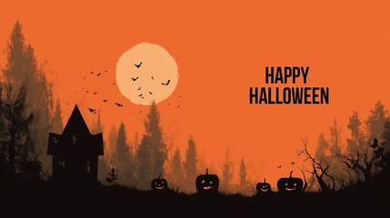 Halloween background illustrations with haunted houses bats pumpkins and full moon, with 'happy halloween' text
