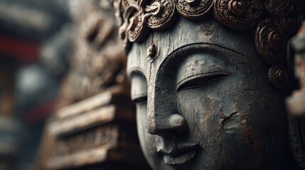 Close-up of a weathered wooden Buddha statue radiating tranquility and wisdom