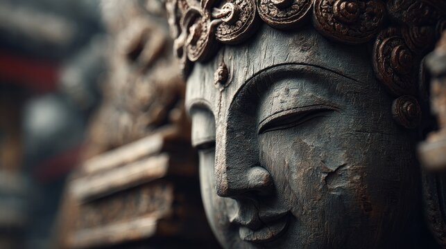 Close-up of a weathered wooden Buddha statue radiating tranquility and wisdom