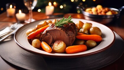 a pot roast with cooked carrots and potatoes on a dining room table a plate of comfort food