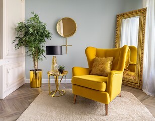 yellow luxury living room interior design a stylish and luxury interior with a design honey yellow armchair gold lamp and mirror adorned with vibrant plants and a plush pillow