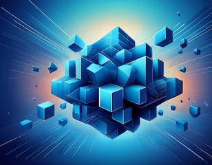dynamic blue abstract shape with scattered cubes on a vibrant background