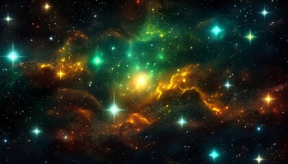 starry space black background star clusters green and yellow nebula colorful