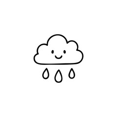Rainy cloud with smiling face and three raindrops, outline