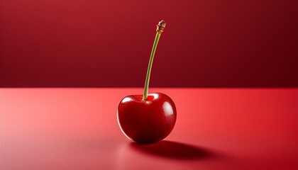 closeup minimalist image of a single bing cherry on a red table against a red background