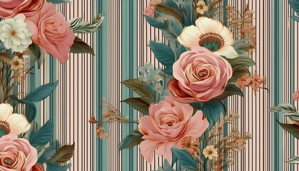 preppy bouquet on wavy vertical lines stripes background coquette flowers trellis seamless pattern