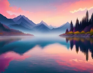 serene lake landscape at dusk with misty mountains and soft pastel colors reflecting on the water s surface
