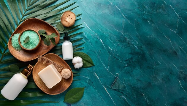 serene spa day luxurious self care and pampering session with natural ingredients flat lay showcasing organic skincare products lush tropical leaves and calming teal marble background