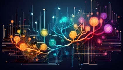 colorful abstract flowchart design on dark background showcasing processes and connections