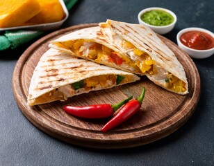 mexican quesadillas with chicken cheese and peppers copy space