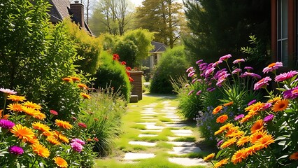Fototapeta premium A sunny garden path adorned with colorful flowers, evoking a cheerful and peaceful outdoor ambiance.