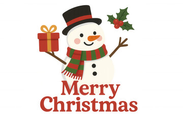 Snowman holding christmas gift with holly, wearing top hat and scarf, bringing holiday greetings, transparent background