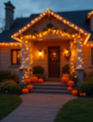 Fototapeta premium Cozy front porch of a home decorated for fall or halloween with string lights pumpkins and wreaths