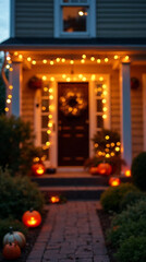 Obraz premium Cozy front porch of a home decorated for fall or halloween with string lights pumpkins and wreaths