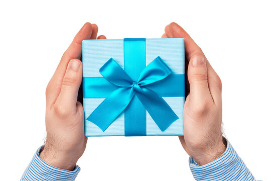 Two Hands Gently Holding a Light Blue Gift Box with a Teal Ribbon, PNG