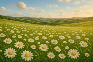 Sunny spring meadow with daisies and tall grass under bright blue sky panoramic