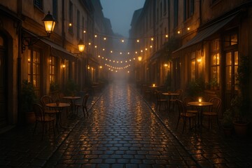 Fototapeta premium Narrow cobblestone lane with warm lamps and cozy cafe terraces at blue hour strolling scene