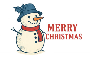 Snowman character wearing a blue hat with holly and red scarf, standing next to merry christmas text. Ideal for seasonal design