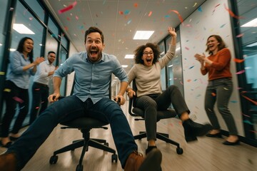 Office team building chair race sprint with cheering coworkers and streamers joyful moment