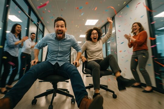 Office team building chair race sprint with cheering coworkers and streamers joyful moment
