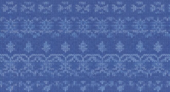 Seamless knitted pattern of snowflakes and geometric shapes in blue