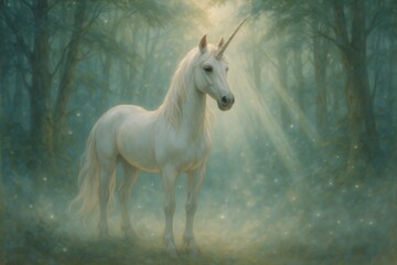 Obraz premium Mythic unicorn amid luminous misted forest with ethereal light and floating motes
