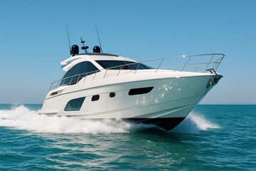 Fototapeta premium Sleek luxury motor yacht cutting turquoise waves under clear summer horizon