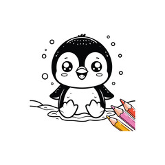 Cute penguin character playing in water with crayons